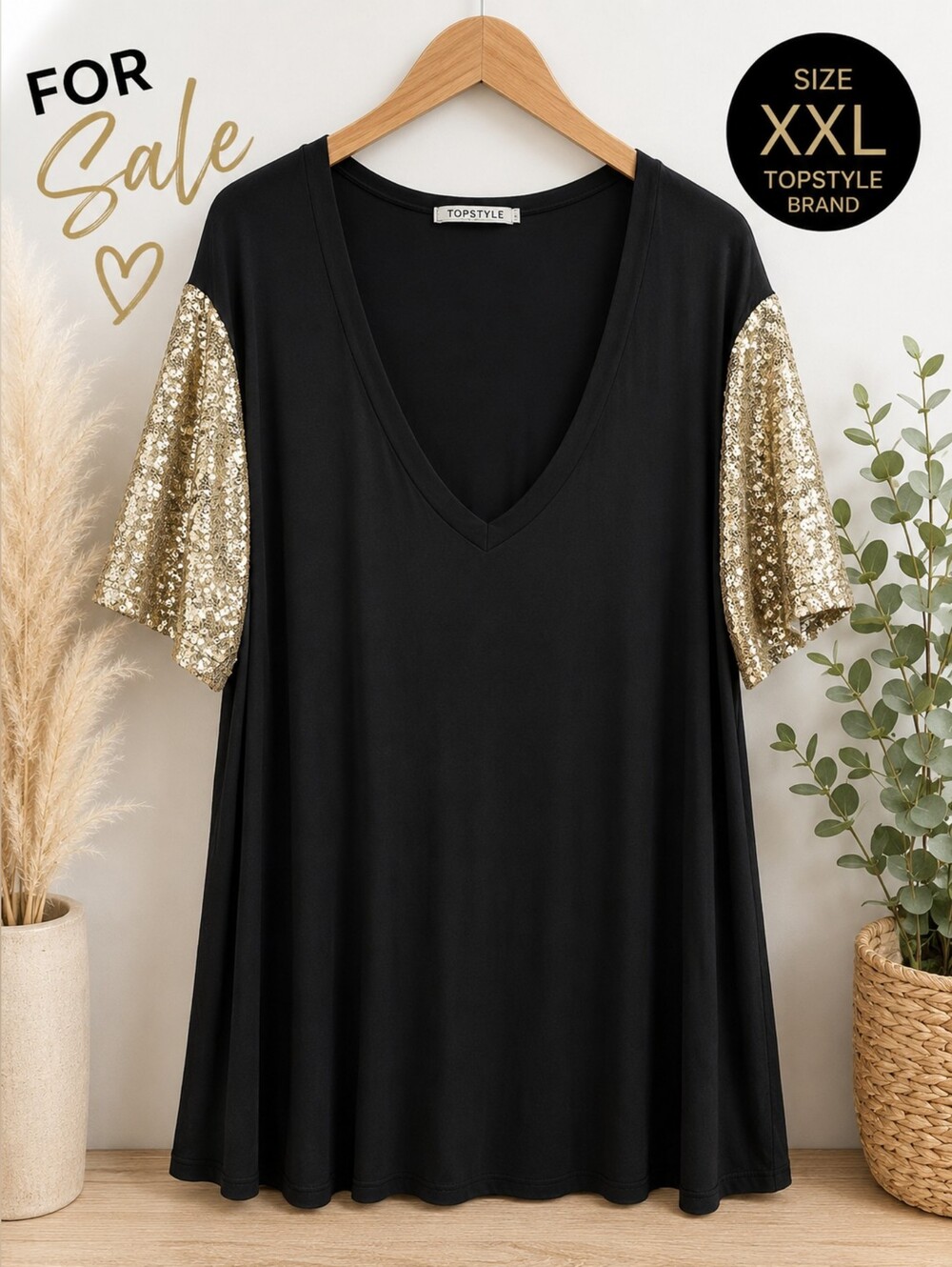Topstyle Black V-Neck Tee with Gold Sequin Short Sleeves